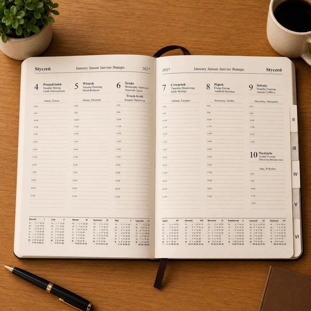 Kalendarz tygodniowy Premium A-5, kolekcja CBZ granatowy, wymienny wkład tygodniowy 2027 KTP-25CBZ/GRA/Z Drops Office Collection